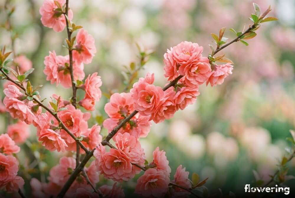 Zbliżenie na pełne łososiowo-różowe kwiaty pigwowca 'Cameo' na tle rozmytego ogrodu