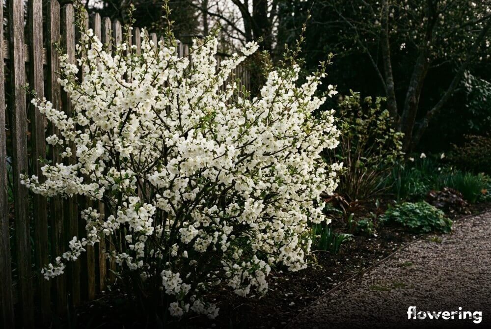 Krzew pigwowca 'Nivalis' pełen czysto białych kwiatów rosnący w wiosennym ogrodzie