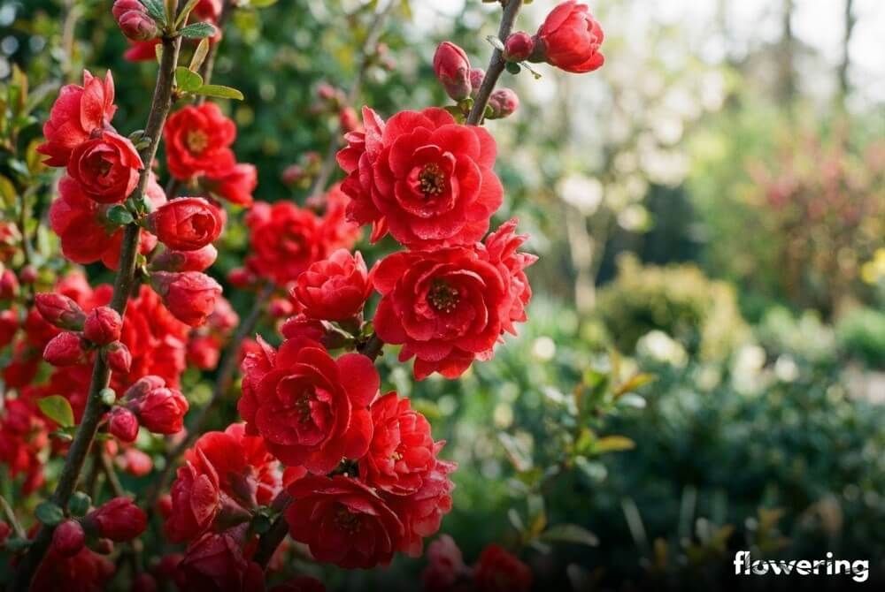 Zbliżenie na półpełne czerwone kwiaty pigwowca 'Red Joy' na tle rozmytego wiosennego ogrodu