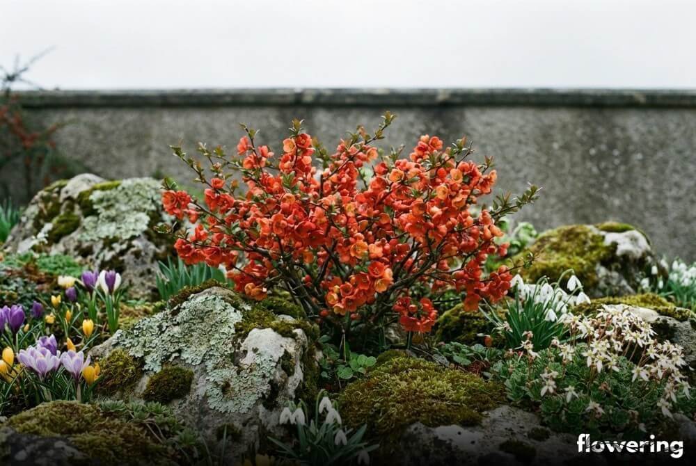 Niski krzew pigwowca 'Sargentii' o ceglastoczerwonych kwiatach kwitnący na skalniaku w wiosennym ogrodzie