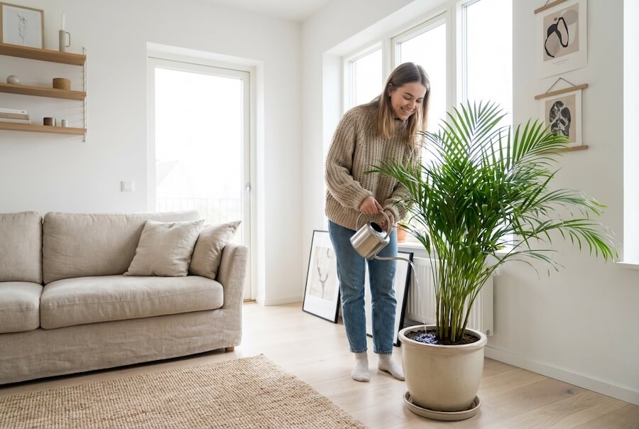 Kobieta podlewa palmę bambusową konewką w jasnym, skandynawskim salonie, kierując wodę na podłoże w donicy