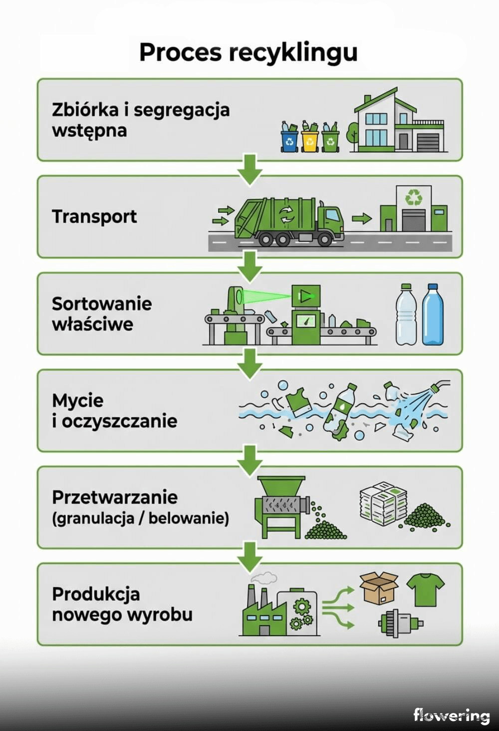Infografika przedstawiająca 6 etapów recyklingu od segregacji w domu, przez transport i sortowanie, po mycie, przetwarzanie na granulat lub bele oraz wytworzenie nowych produktów