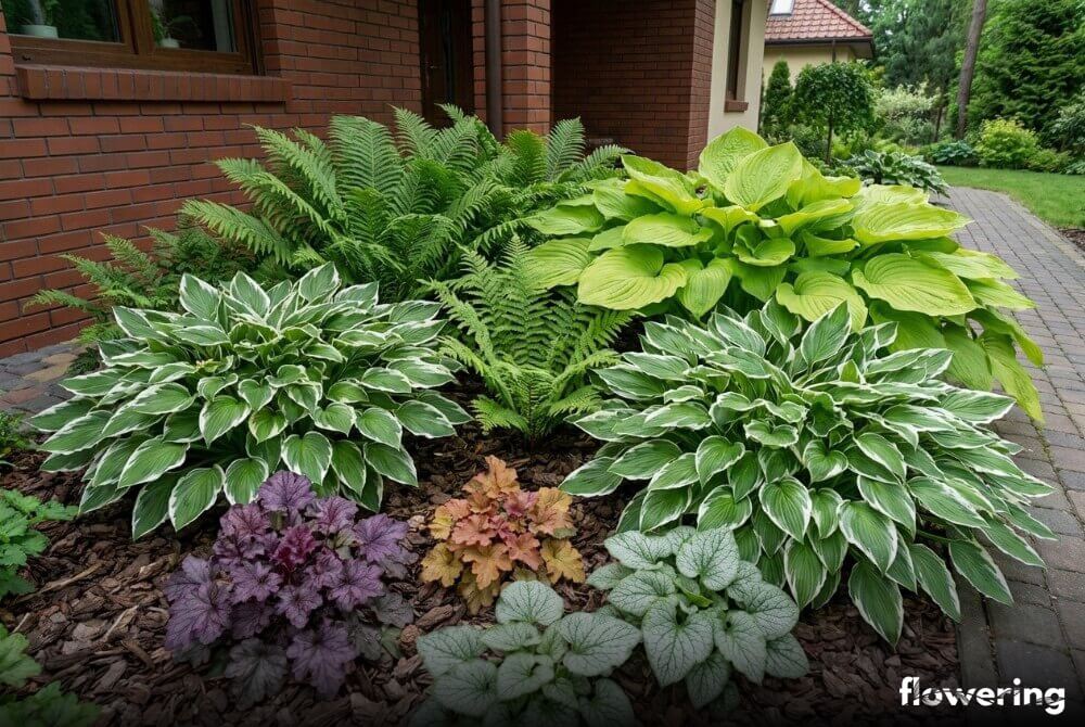 Rabata w cieniu z funkiami variegata, paprociami, żurawkami i brunerą ‘Jack Frost’ w polskim ogrodzie