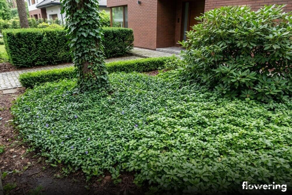 Rabata w cieniu z barwinkiem, runianką i bluszczem oraz cisem, bukszpanem i różanecznikiem jako tłem