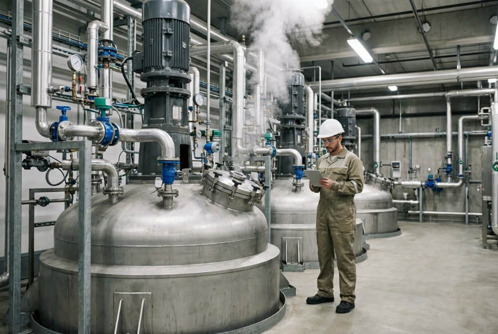 Inżynier przy reaktorach instalacji recyklingu chemicznego tworzyw sztucznych