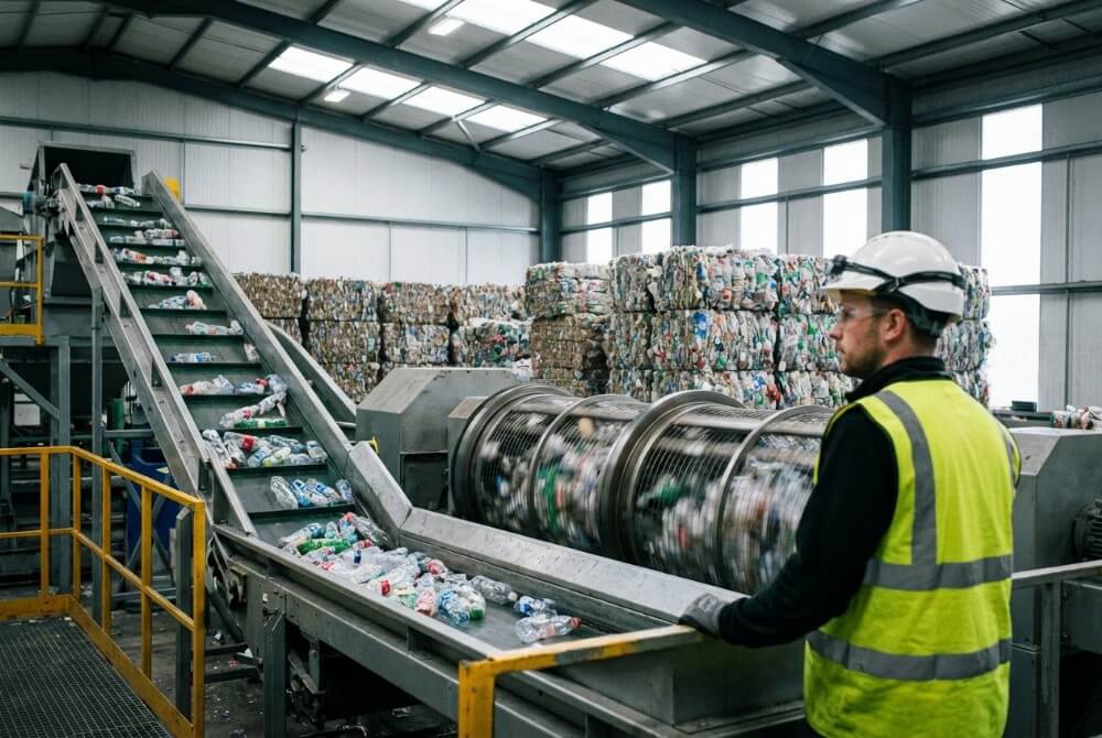 Linia sortowania i mycia butelek PET w zakładzie recyklingu mechanicznego