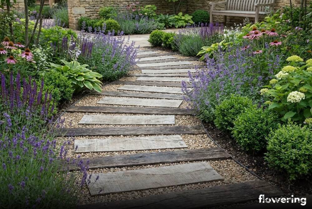 Ścieżka z desek i „plastrów” drewna wśród rabat w ogrodzie o ciepłym charakterze