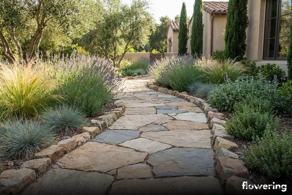 Ścieżka z nieregularnych płyt kamiennych między rabatami w śródziemnomorskim ogrodzie