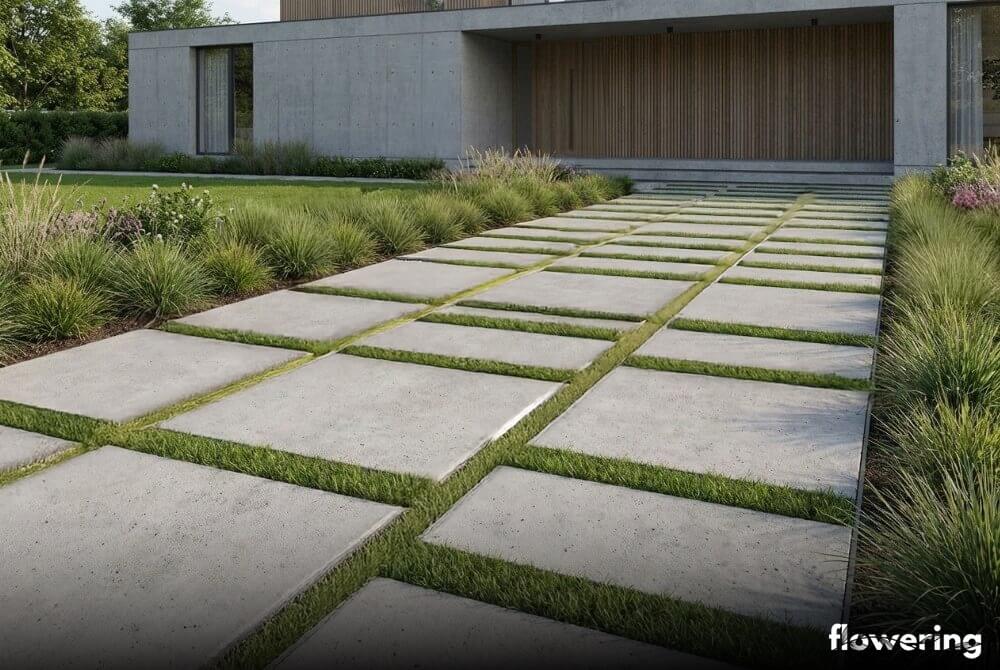 Nowoczesna ścieżka z wielkoformatowych płyt betonowych z fugami biologicznymi w minimalistycznym ogrodzie