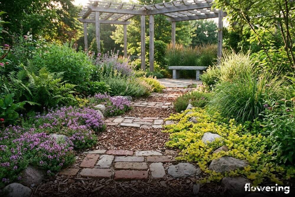 Kręta rustykalna ścieżka z cegły, kamieni i kory z roślinami płożącymi w wiejskim ogrodzie