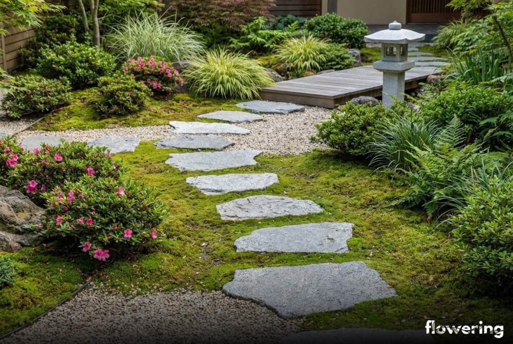 Dyskretna ścieżka „krok po kroku” z płaskich kamieni w trawie w ogrodzie w stylu japońskim