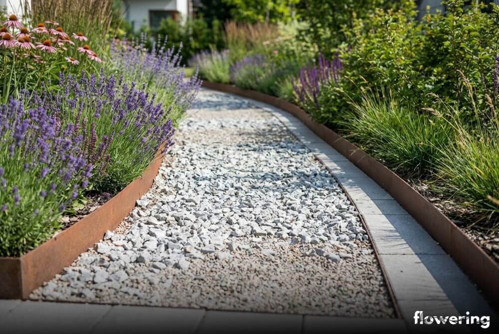 Ścieżka żwirowo-grysowa z obrzeżami prowadząca między rabatami w naturalistycznym ogrodzie