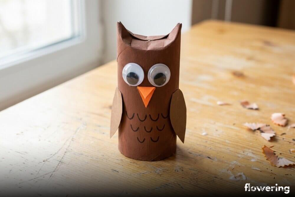 Sowa z rolki po papierze toaletowym pomalowana farbą, z ruchomymi oczkami i papierowym dziobem, stojąca na drewnianym stole