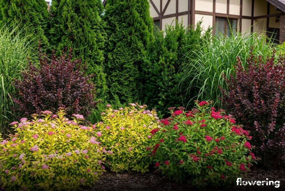 Kolorowa rabata z tawułami japońskimi, ciemnozielonymi iglakami, bordowymi berberysami i trawami ozdobnymi przy domu
