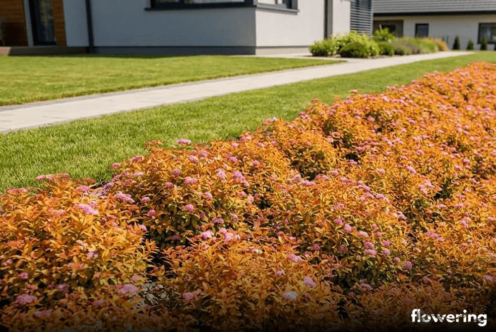 Tawuła japońska 'Magic Carpet' jako barwna roślina okrywowa na skarpie w ogrodzie przy domu