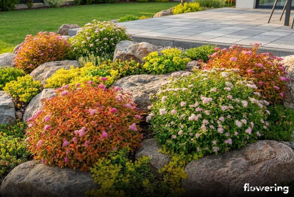 Niskie tawuły japońskie wkomponowane między kamieniami na skalniaku przy tarasie