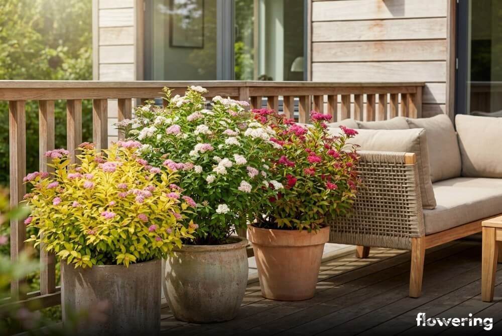 Kwitnące tawuły japońskie różnych odmian w donicach na letnim tarasie przy domu