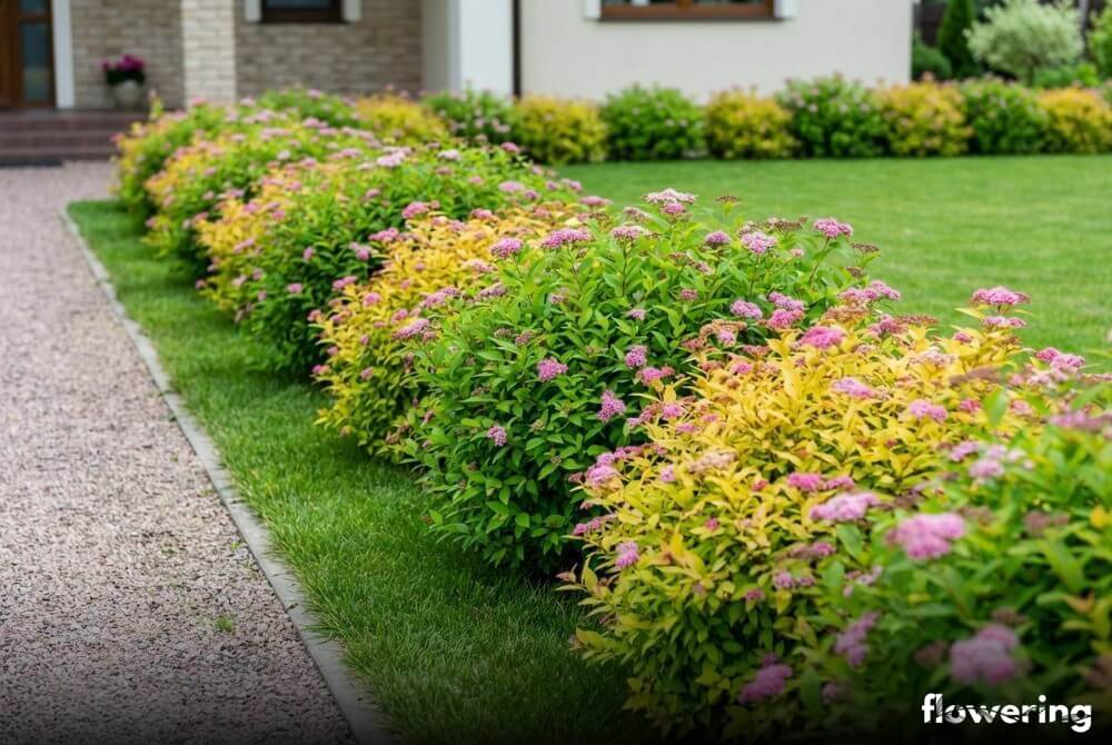 Niski żywopłot i obwódka z tawuły japońskiej 'Little Princess' i 'Golden Princess' oddzielająca trawnik od rabaty
