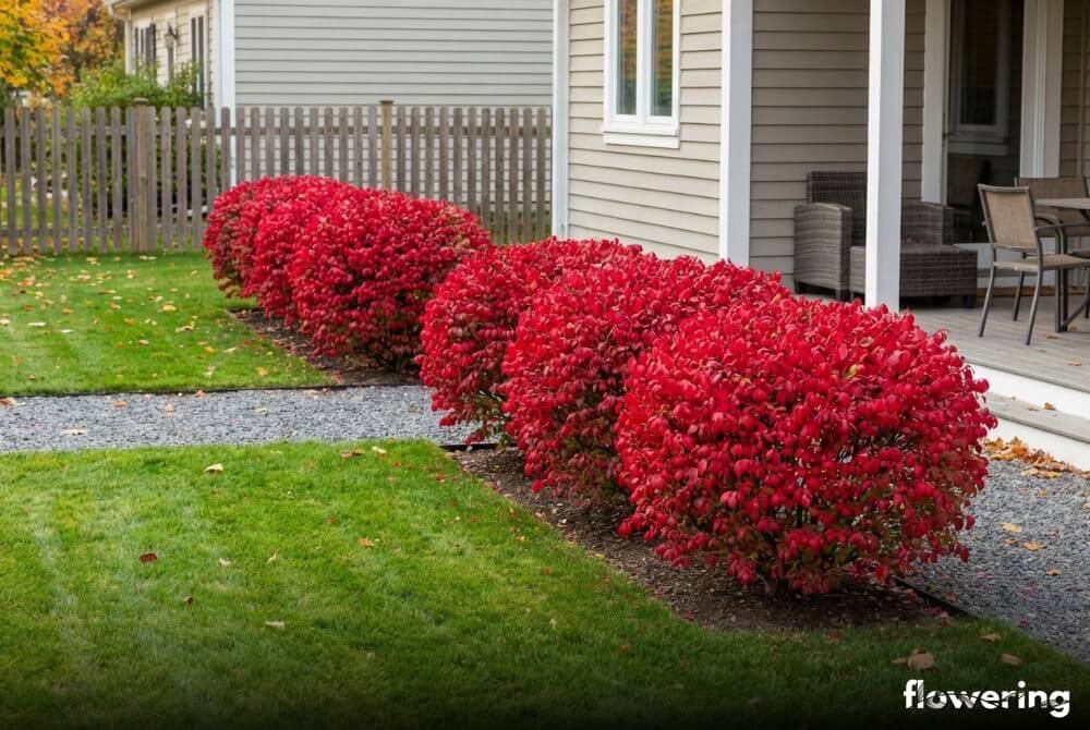 Jesienny niski żywopłot z trzmieliny oskrzydlonej 'Compactus' oddzielający strefy ogrodu przy domu