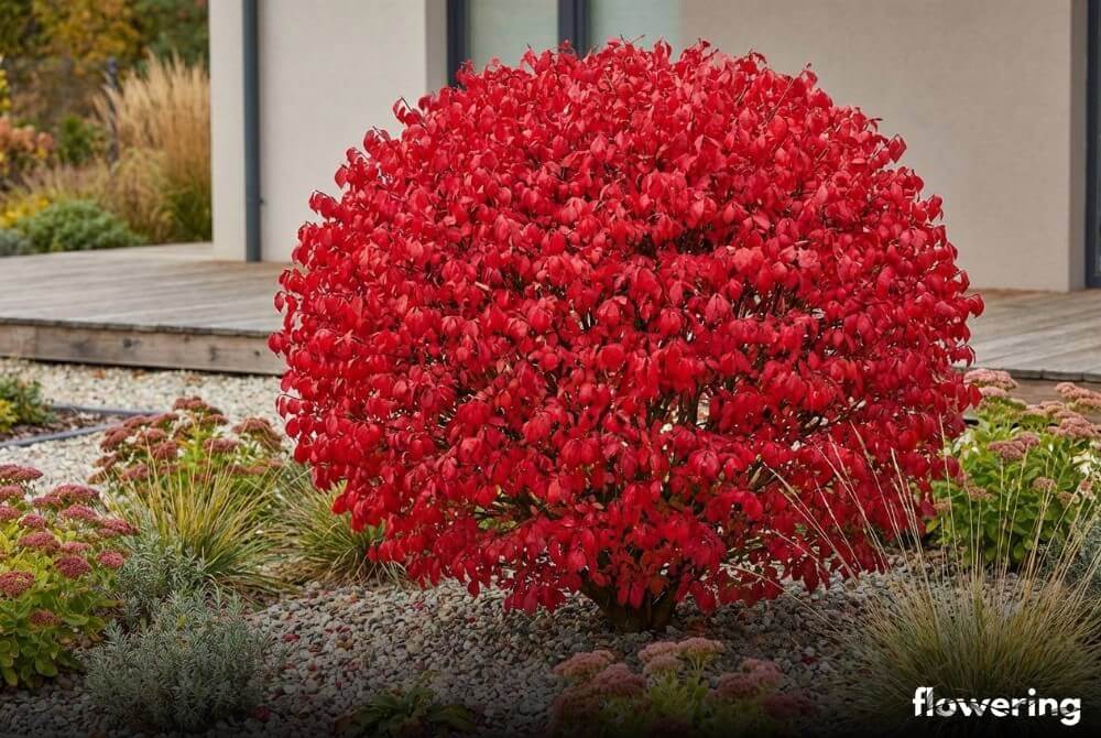 Trzmielina oskrzydlona 'Fire Ball' jako ognista czerwona kula przy tarasie domu