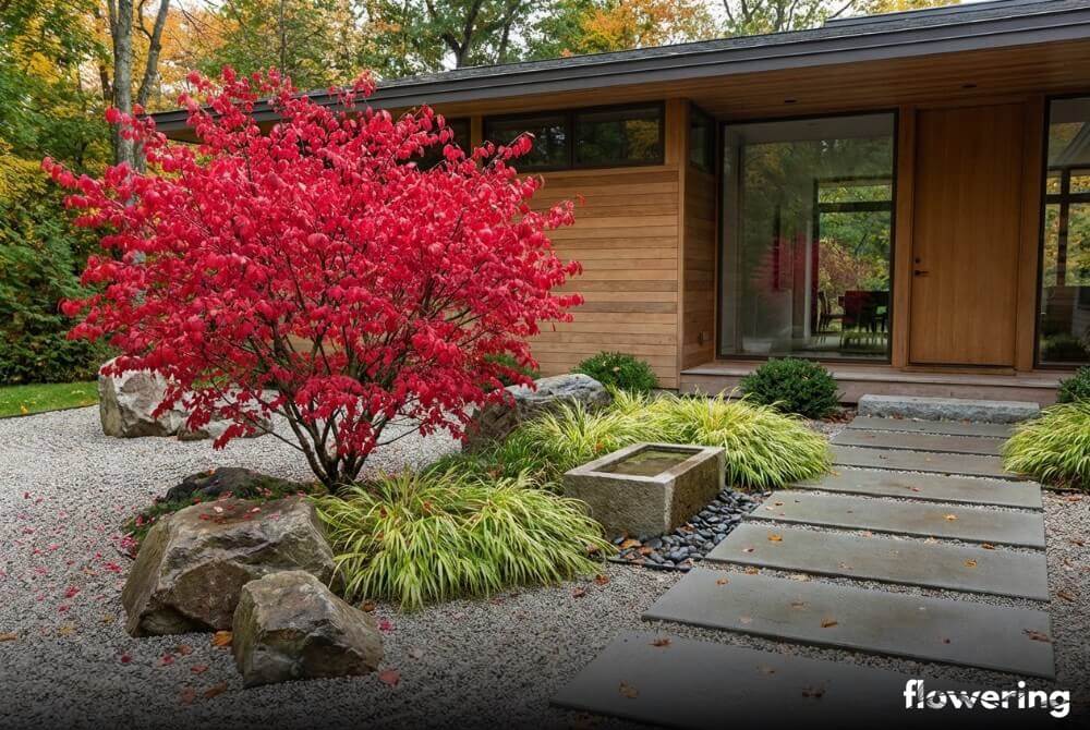 Jesienna trzmielina oskrzydlona w żwirowej aranżacji w stylu japońskim przy nowoczesnym domu