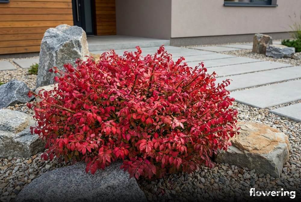 Niska trzmielina oskrzydlona 'Rudy Haag' w skalniaku przy nowoczesnym domu