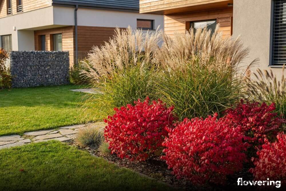 Jesienna rabata przy domu z czerwonymi kulami trzmieliny oskrzydlonej i wysokimi trawami ozdobnymi w tle