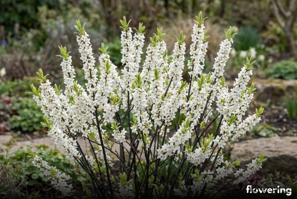 Krzew wawrzynek wilczełyko 'Alba' z czysto białymi kwiatami kontrastującymi z ciemnymi pędami w wiosennym ogrodzie