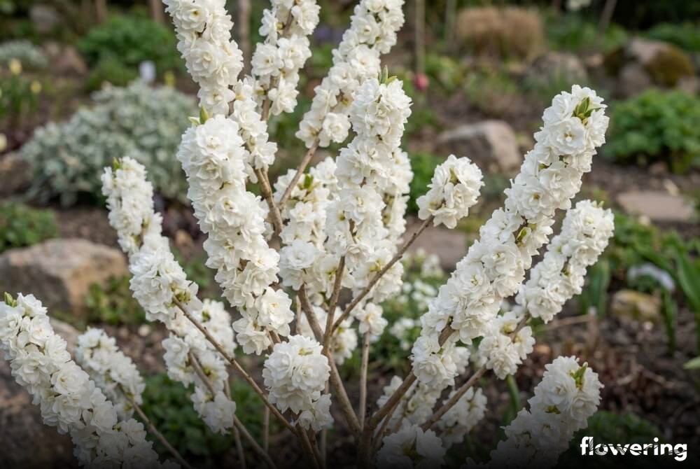 Wawrzynek wilczełyko 'Alba Plena' z pełnymi białymi kwiatami jak miniaturowe różyczki, bez widocznych owoców, w ogrodzie kolekcjonerskim