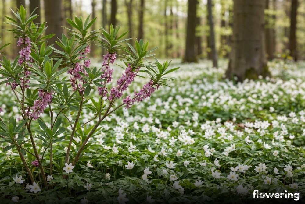 Krzew wawrzynka wyrastający ponad białym dywanem zawilców gajowych w półcieniu leśnego ogrodu.