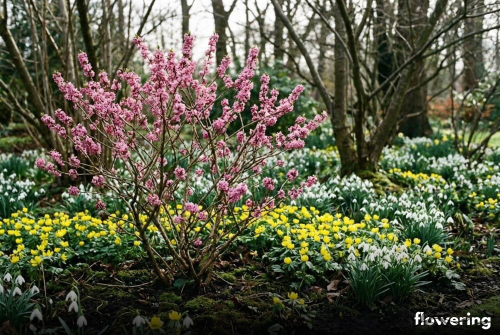 Wawrzynek w otoczeniu żółtych rannikiem i białych przebiśniegów na tle ciemnej, leśnej ziemi.