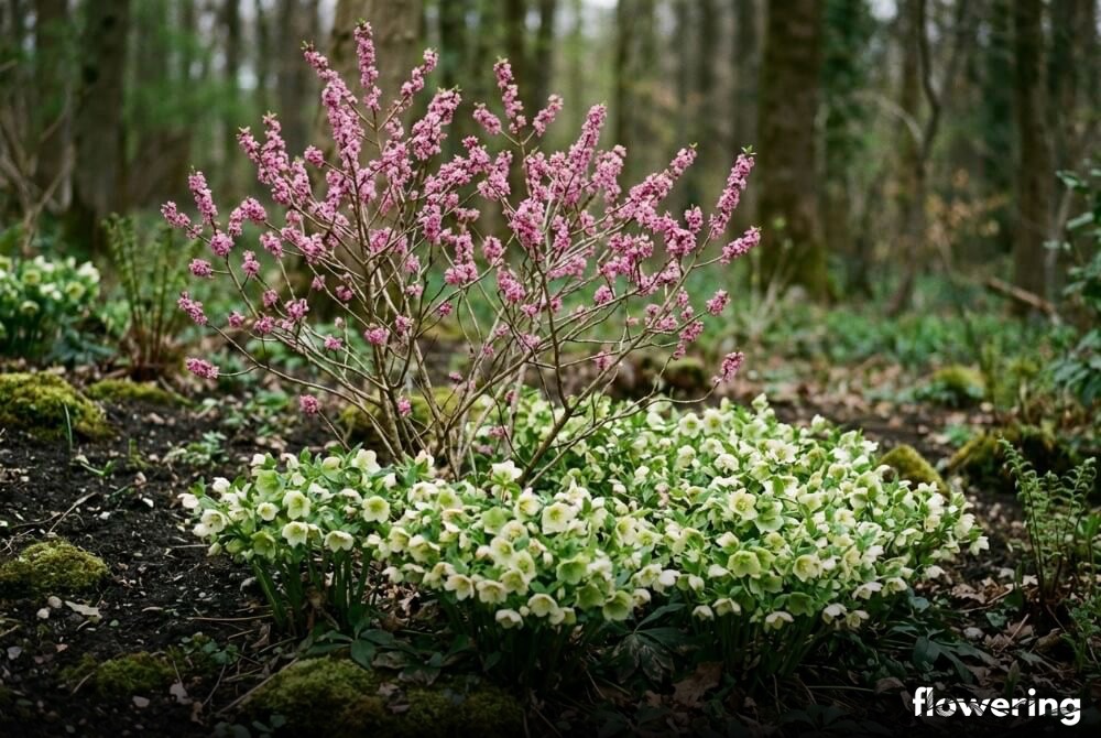 Wawrzynek w pełni kwitnienia otoczony kremowymi ciemiernikami w półcienistym, leśnym ogrodzie.