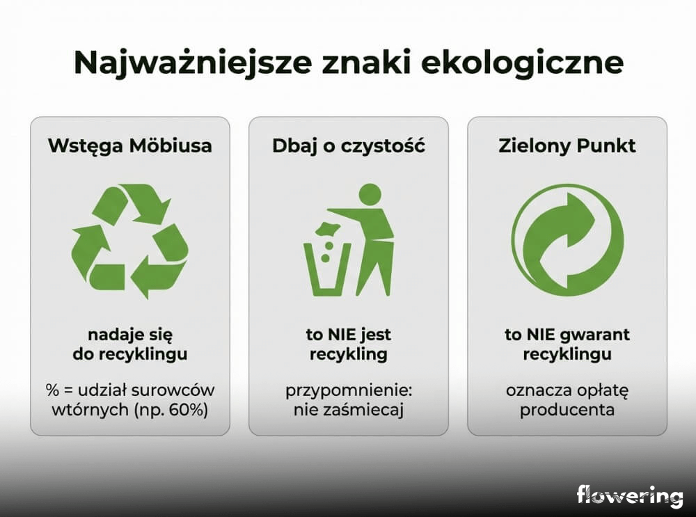 Infografika z trzema sekcjami wyjaśniającymi znaki: Wstęga Möbiusa oznacza możliwość recyklingu i procent surowców wtórnych, „Dbaj o czystość” to tylko przypomnienie o niezaśmiecaniu, a „Zielony Punkt” informuje o opłacie producenta i nie gwarantuje recyklingu