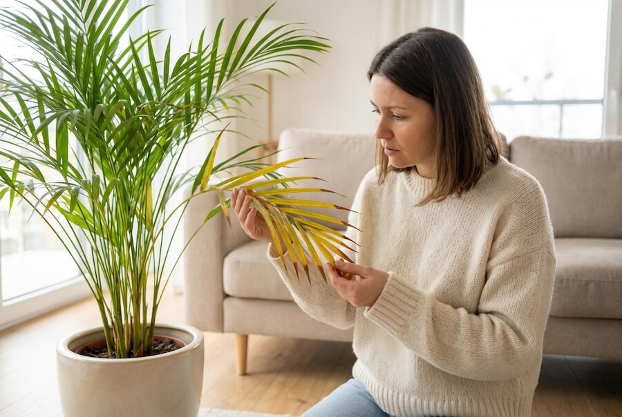 Kobieta z troską ogląda żółknące liście palmy bambusowej w jasnym salonie, trzymając w dłoni uszkodzony liść