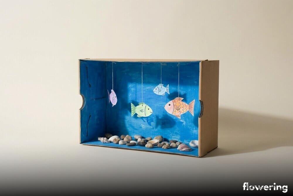 Kartonowe akwarium z pudełka po butach z papierowymi rybkami zawieszonymi na nitkach