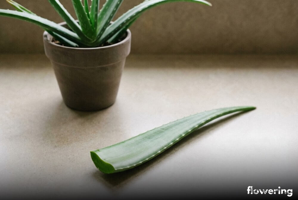 Odcięty, zdrowy liść aloesu przygotowany do rozmnażania, ułożony na neutralnym blacie obok rośliny matecznej
