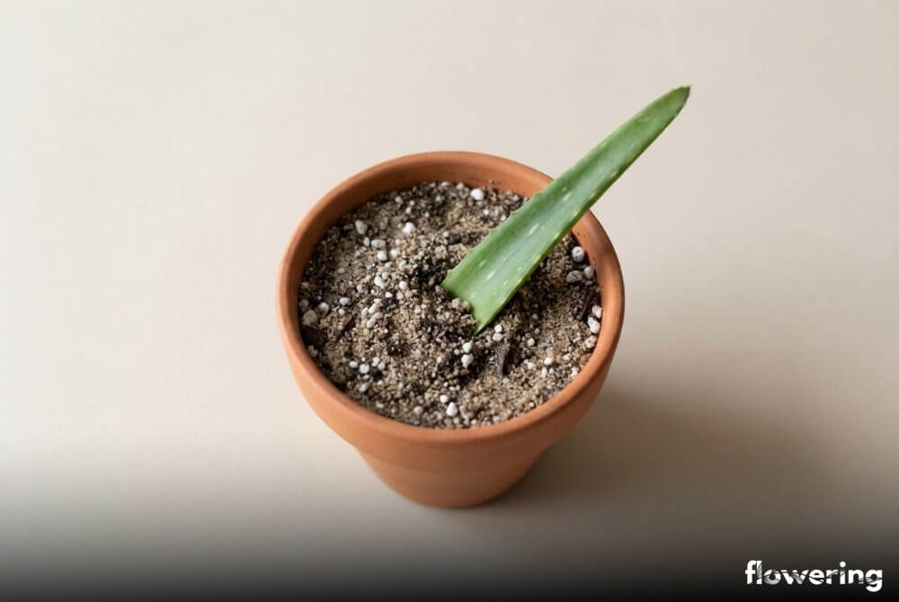 Liść aloesu płytko umieszczony w lekkim podłożu do sukulentów w małej doniczce podczas ukorzeniania