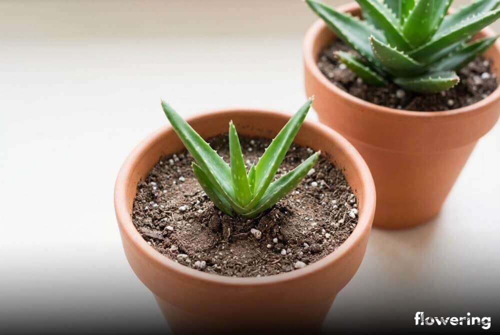 Młody odrost aloesu posadzony w małej doniczce w suchym podłożu do sukulentów, gotowy do ukorzenienia