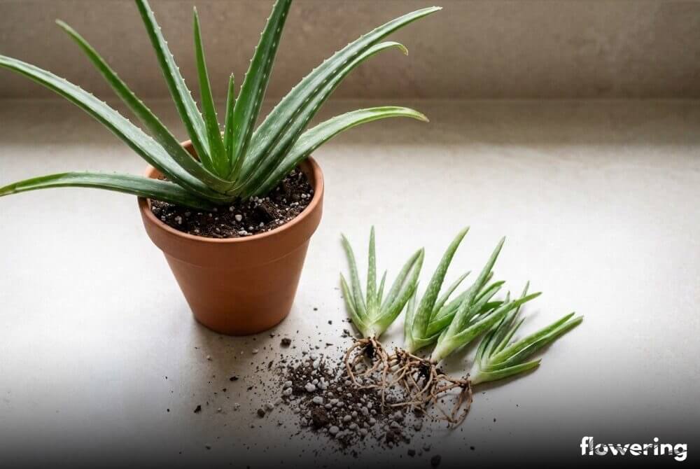 Dorosły aloes w doniczce z wyjętymi odrostami korzeniowymi ułożonymi obok na blacie, gotowymi do rozmnożenia