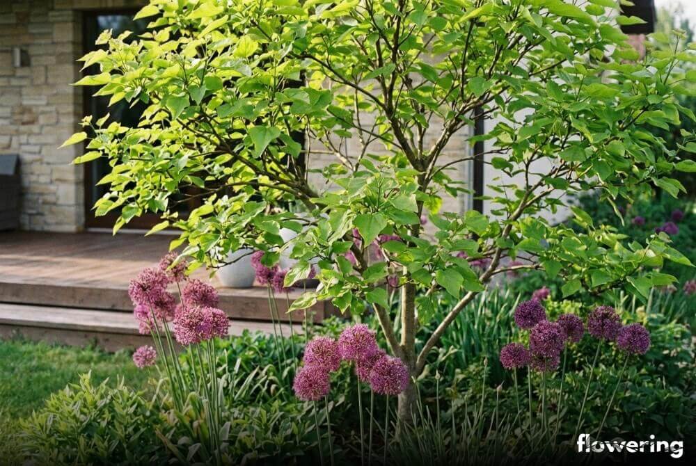 Czosnki ozdobne pod katalpą maskują późny start drzewa w maju w ogrodzie przy domu