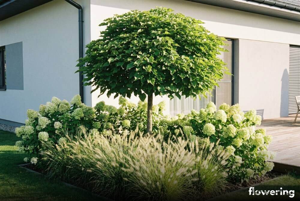 Katalpa przy domu z hortensjami bukietowymi i rozplenicą w jaśniejszej strefie rabaty