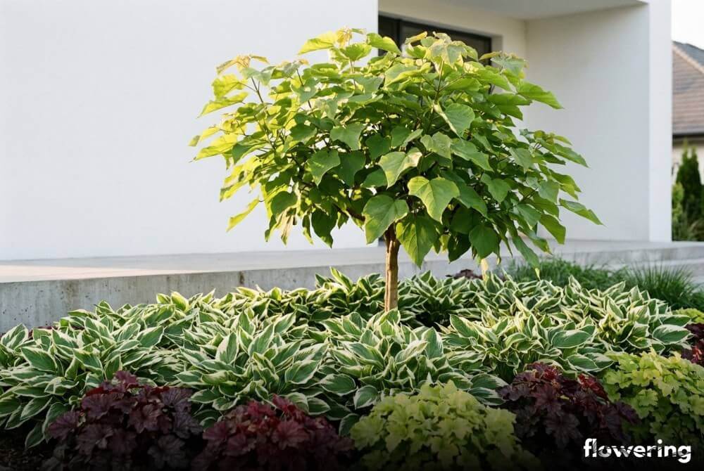 Katalpa przy domu z kompozycją host i żurawek tworzących dywan w cieniu pod drzewem