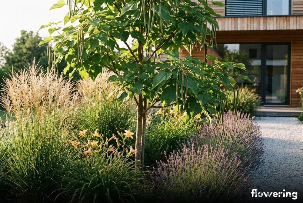 Katalpa przy domu otoczona miskantem, liliowcami i lawendą na słonecznym brzegu rabaty