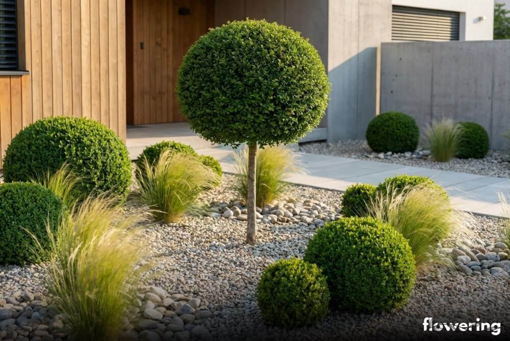 Minimalistyczna kompozycja z katalpą ‘Nana’, jasnym grysem, kulami bukszpanu i ostnicą przy domu