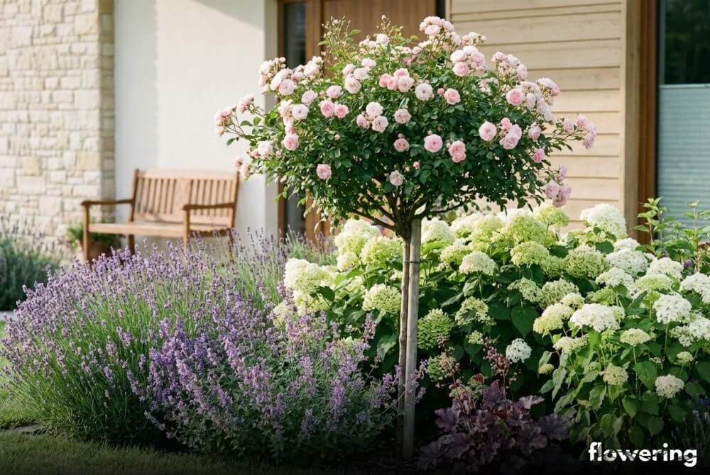 Romantyczna rabata z katalpą, różami okrywowymi, lawendą, kocimiętką i hortensjami przy domu