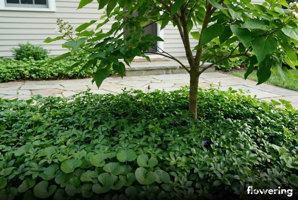 Okrywa z runianki i kopytnika pod katalpą w cienistej strefie przy domu