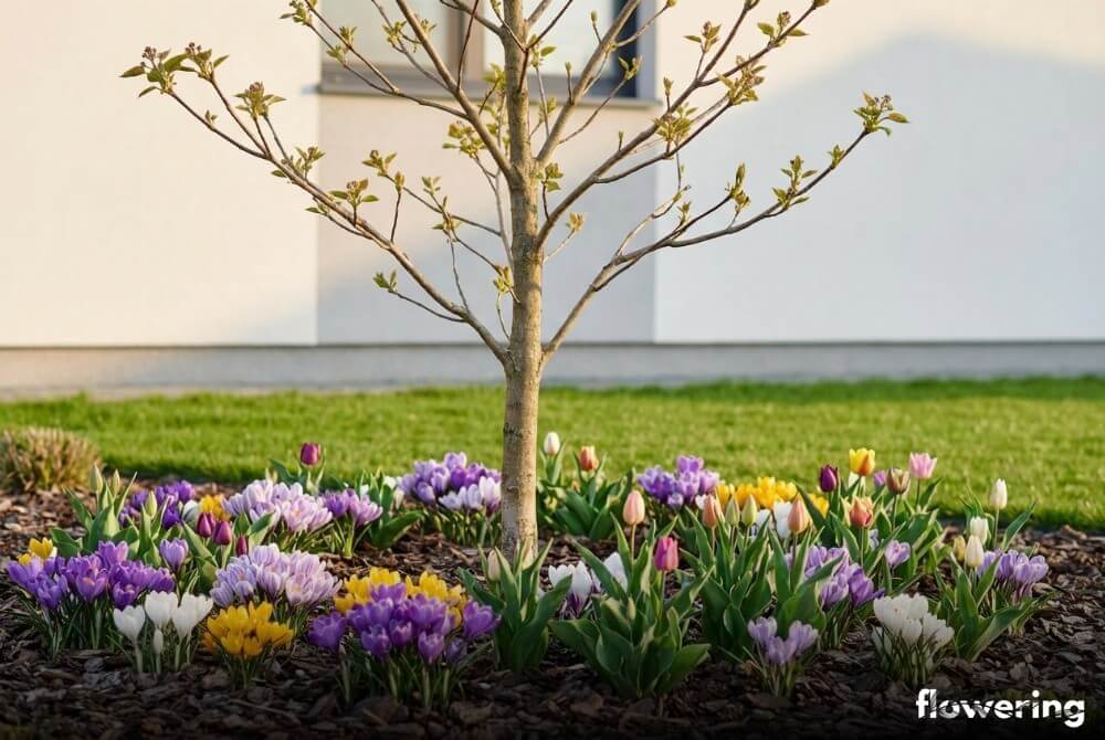 Katalpa bez liści wczesną wiosną z krokusami i tulipanami pod koroną przy domu