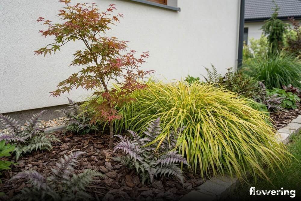 Klon palmowy z hakonechloą i paprocią o srebrzystych liściach na rabacie przy domu