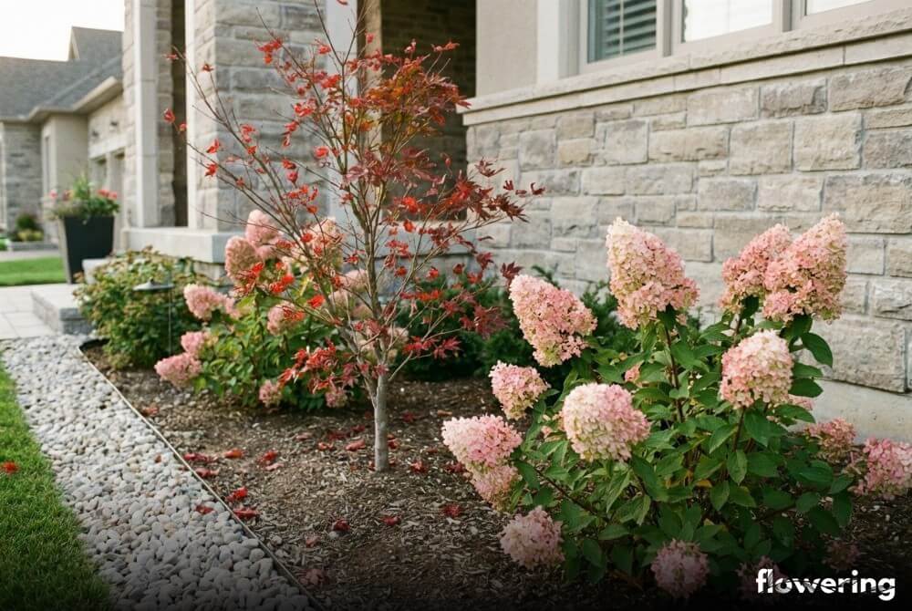 Klon palmowy z hortensją bukietową na rabacie przy domu, delikatne jesienne barwy