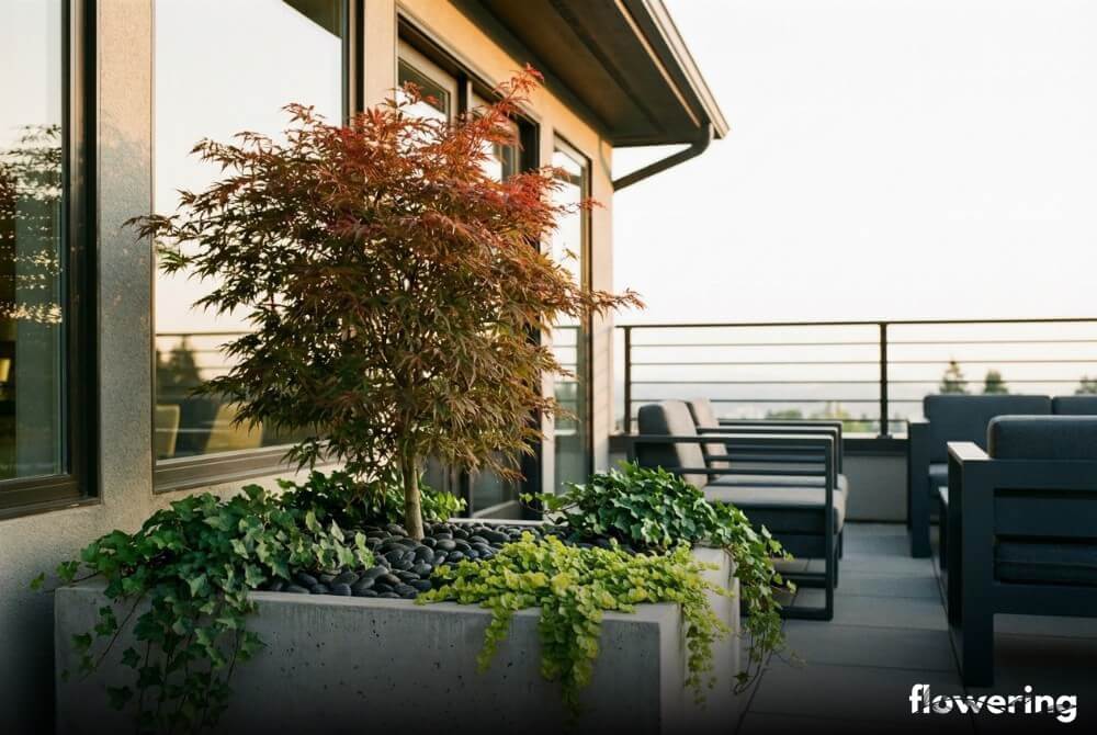 Klon palmowy w betonowej donicy na nowoczesnym tarasie przy domu, z czarnymi kamieniami i przewieszającymi roślinami maskującymi brzeg pojemnika